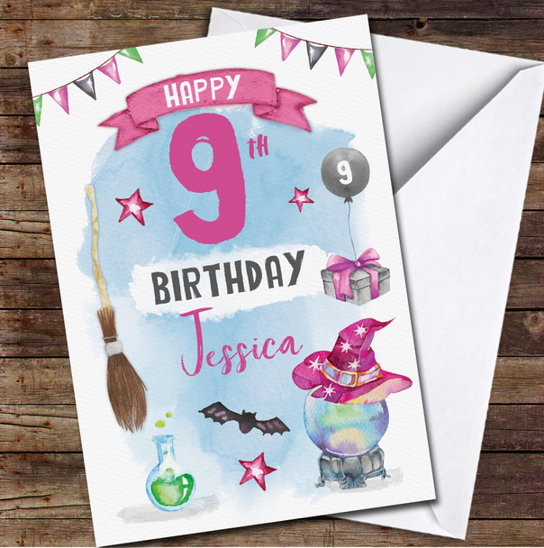9th Girl Female Magical Blue Witch Spooky Any Age Personalised Birthday Card