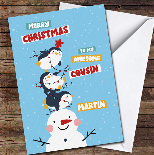 Cousin Cute Penguin And Snowman Any Text Personalised Christmas Card