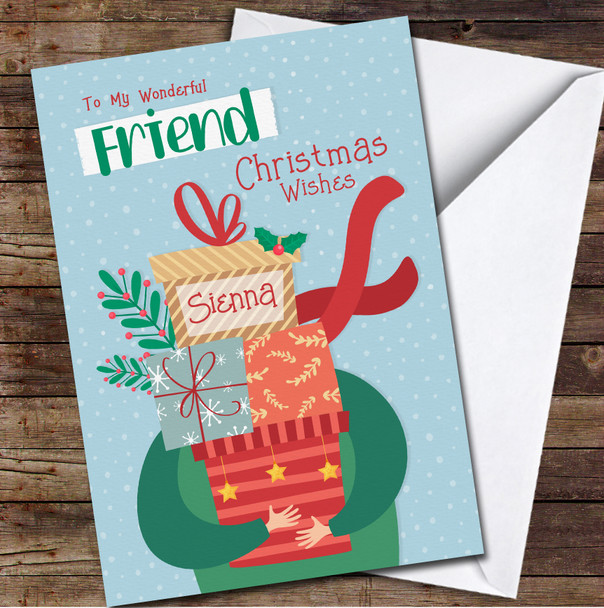 Friend Person Holding Gift Boxes Any Text Personalised Christmas Card