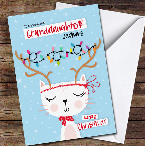 Granddaughter Cute Cat With Reindeer Antler Any Text Personalised Christmas Card
