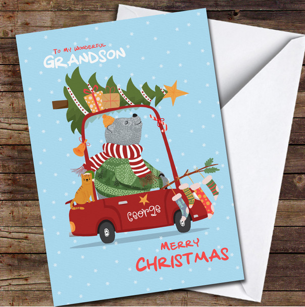 Grandson Cute Bear Driving A Car Any Text Personalised Christmas Card