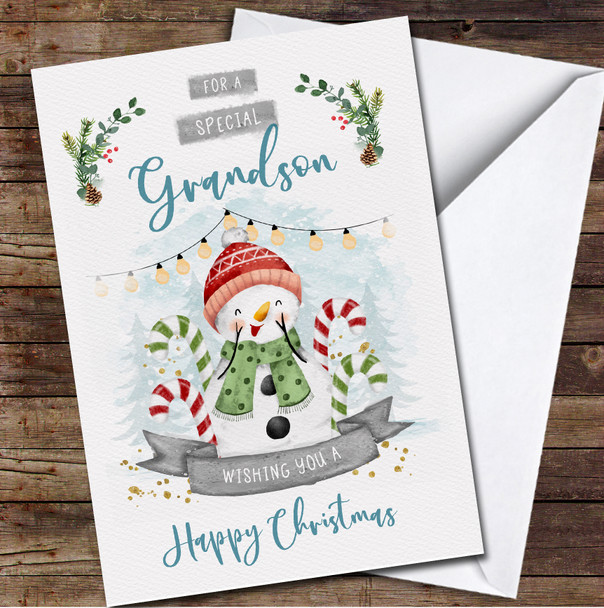 Grandson Snowman Any Text Personalised Christmas Card