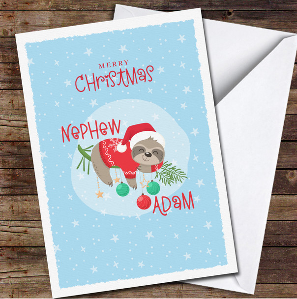 Nephew Cute Sloth Wearing A Santa Hat Any Text Personalised Christmas Card