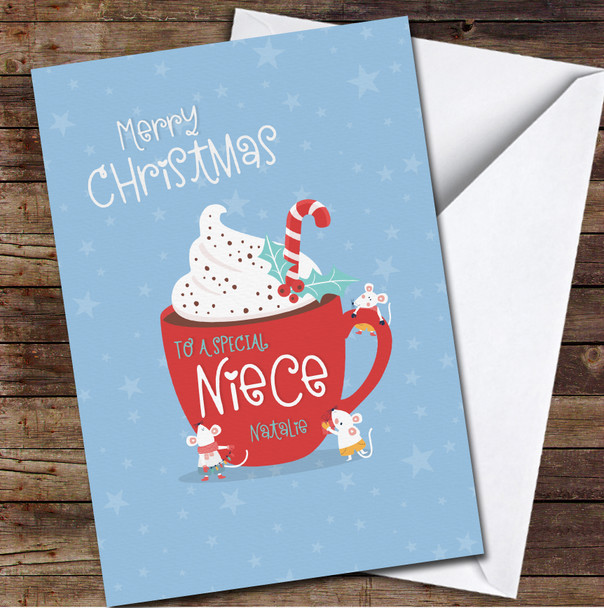 Niece Hot Chocolate With Cream And Candy Cane Any Text Christmas Card
