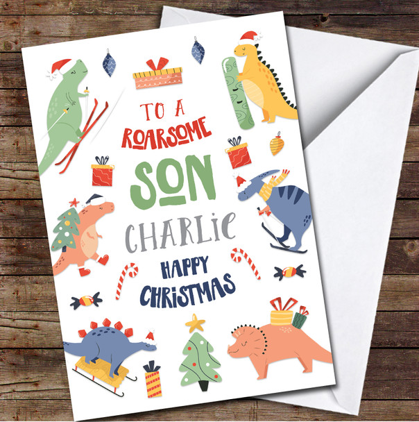 Son Dinosaur Dino T Rex Any Text Personalised Christmas Card