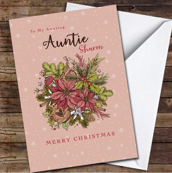 Auntie Christmas Decorations Flowers Any Text Personalised Christmas Card