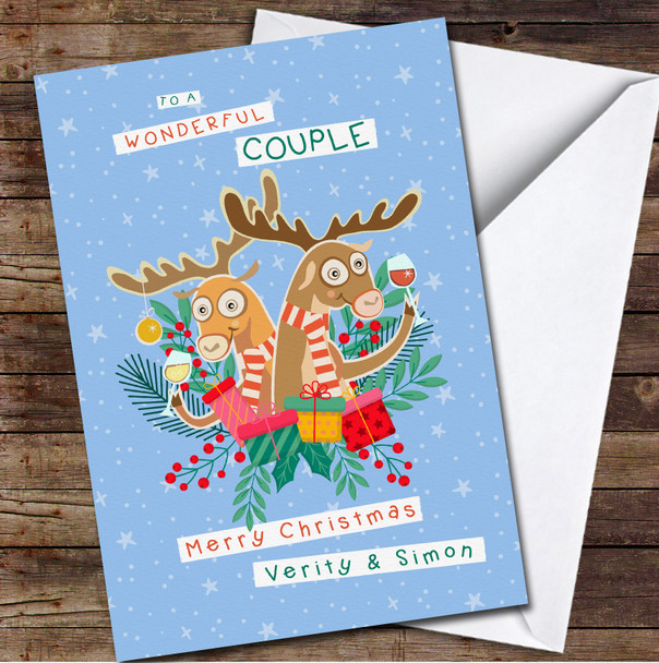 Couple Cheerful Reindeers With Glasses Of Wine Any Text Christmas Card
