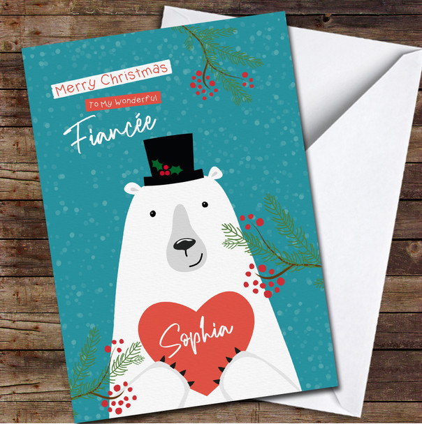 Fiancée Cute Bear Holding Heart Any Text Personalised Christmas Card