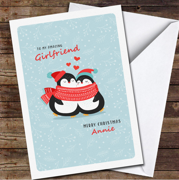 Girlfriend Loving Cute Penguins Any Text Personalised Christmas Card