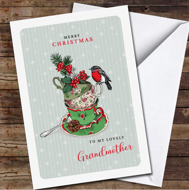 Grandmother Cups With Bird Any Text Personalised Christmas Card