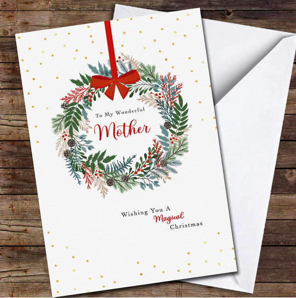Mother Wreath Gold Dots Any Text Personalised Christmas Card