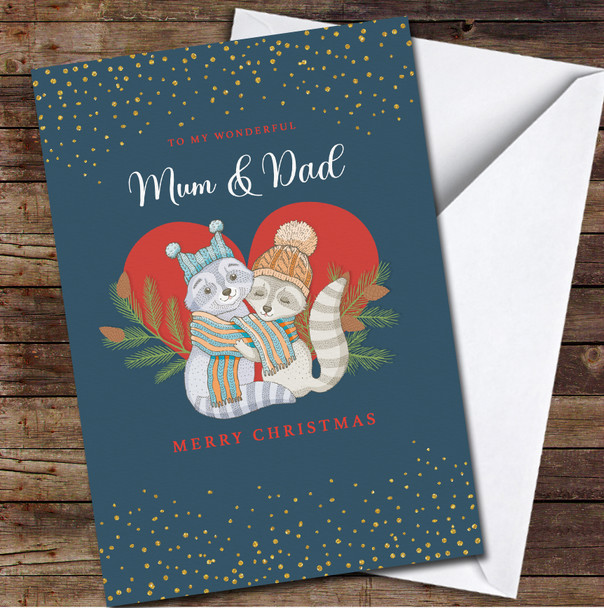 Mum & Dad Cute Raccoon Couple Any Text Personalised Christmas Card