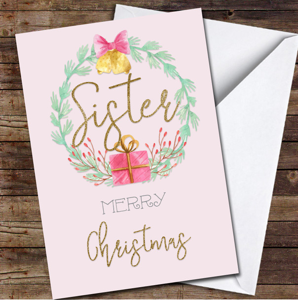 Sister Merry Pink Wreath Gift Any Text Personalised Christmas Card
