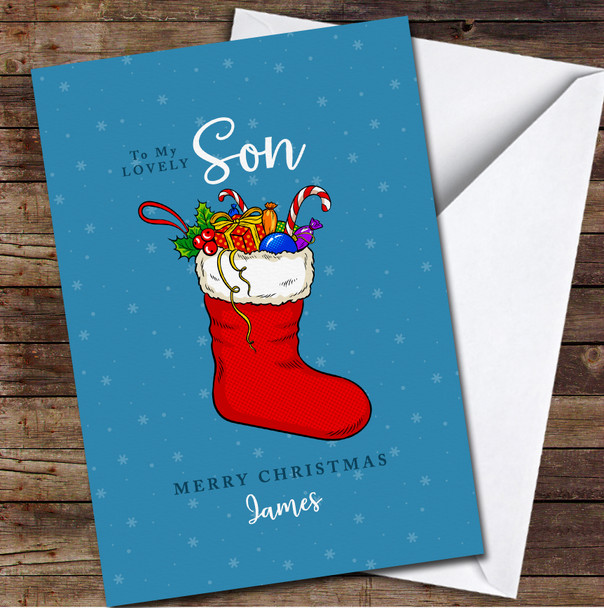 Son Xmas Red Stocking Any Text Personalised Christmas Card