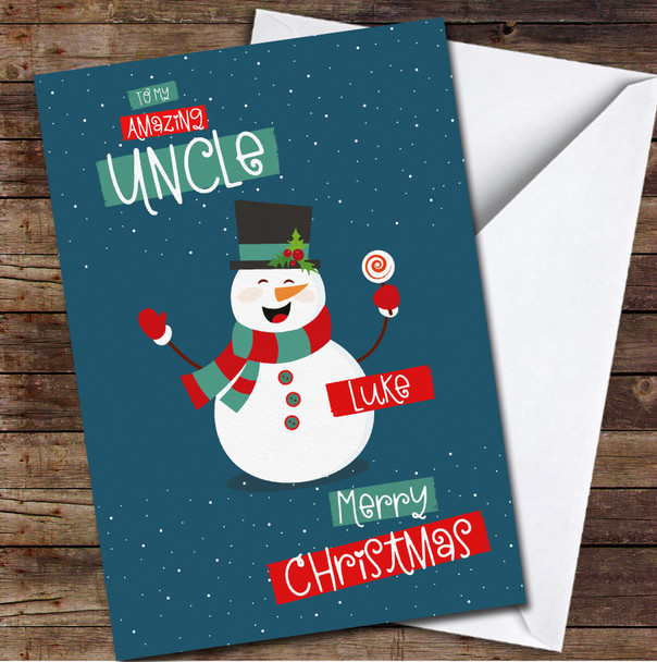 Uncle Cute Snowman Holding Lollypop Any Text Personalised Christmas Card