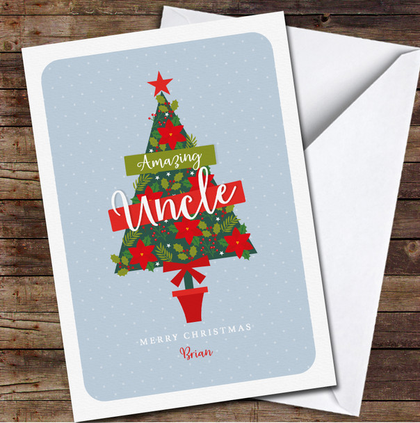 Uncle Tree With Red Poinsettia Any Text Personalised Christmas Card