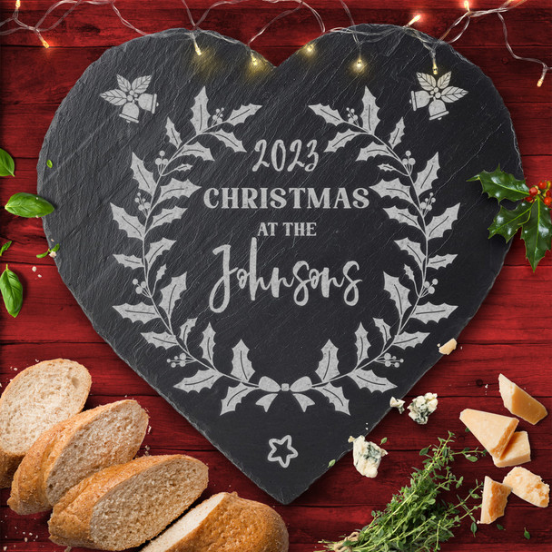 Holly Wreath Family Name Year Heart Personalised Christmas Slate Cheese Board