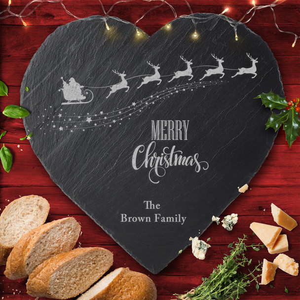 Santa Sleigh Any Text Heart Personalised Engraved Christmas Slate Cheese Board