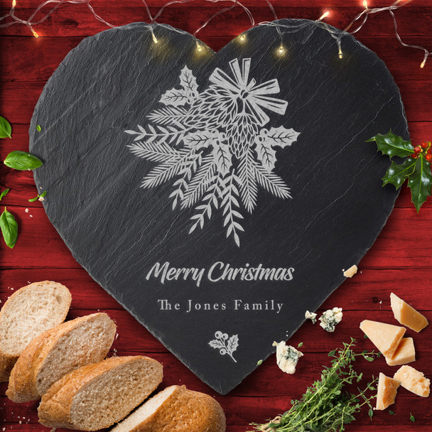 Winter Plants Heart Any Text Personalised Engraved Christmas Slate Cheese Board