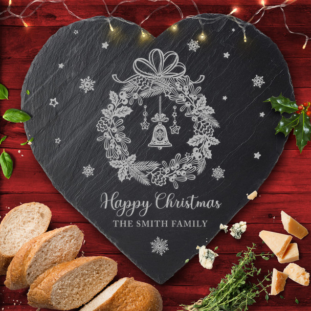 Wreath Snowflakes Heart Any Text Personalised Christmas Slate Cheese Board