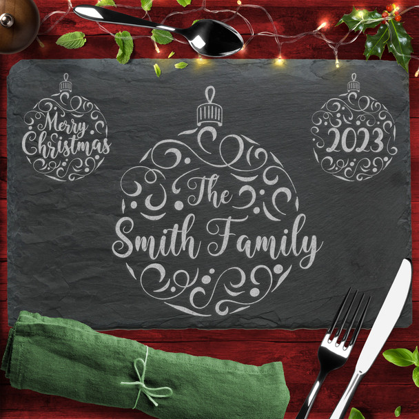 Bauble Family Name Any Text Rectangle Personalised Christmas Slate Placemat