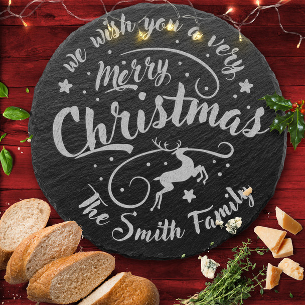 Deer Any Names Or Text Round Personalised Engraved Christmas Slate Cheese Board