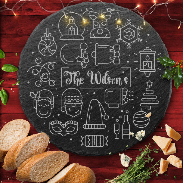 Icons Any Name Or Text Round Personalised Engraved Christmas Slate Cheese Board