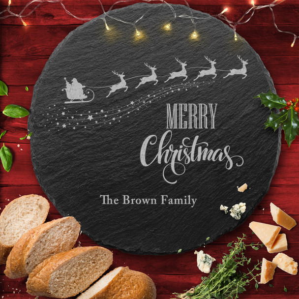 Santa Sleigh Any Text Round Personalised Engraved Christmas Slate Cheese Board