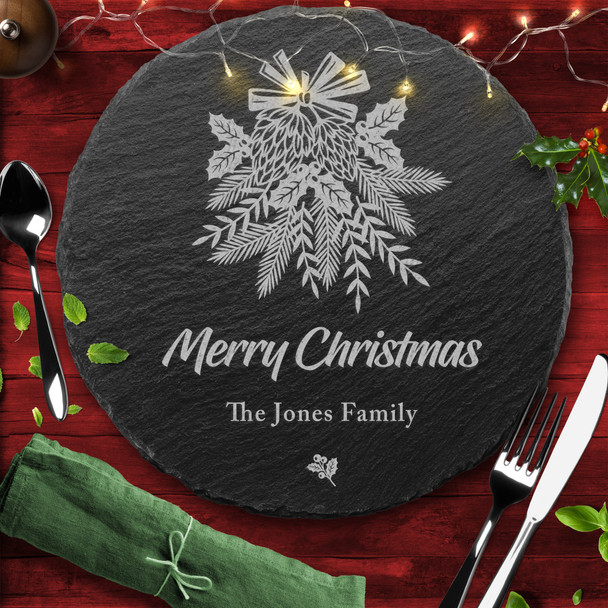 Winter Plants Round Any Text Personalised Engraved Christmas Slate Placemat