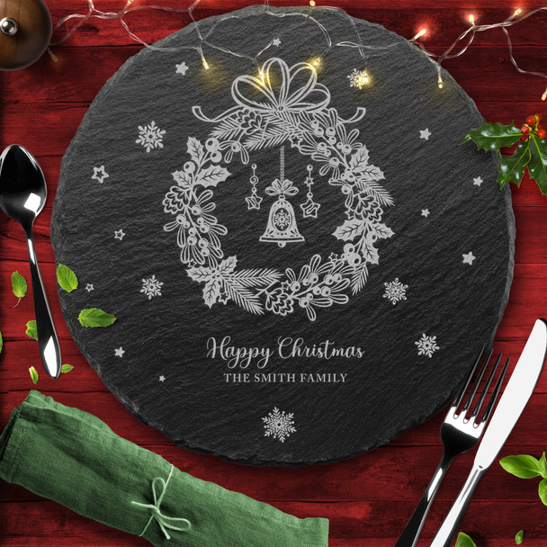 Wreath Snowflakes Round Any Text Personalised Engraved Christmas Slate Placemat