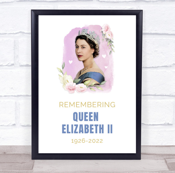 Remembering Queen Elizabeth II Memorial Flowers Pink Blue Gold Art Poster Print