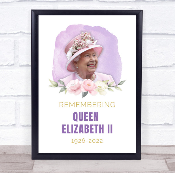 Remembering Queen Elizabeth II Memorial Flowers Purple Gold Art Poster Print