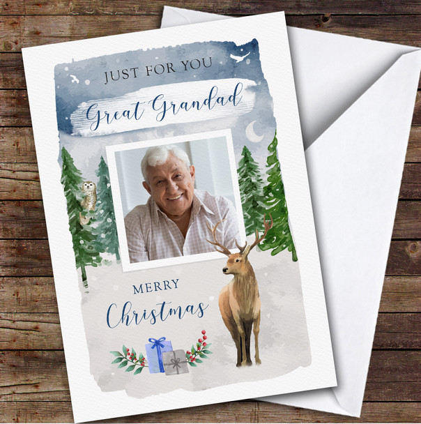 Great Grandad Christmas Deer Winter Tree Scene Photo Personalised Christmas Card