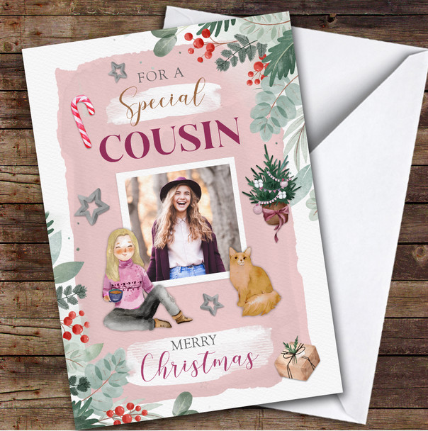 Cousin Christmas Girly Cosy Fluffy Cat Painted Photo Personalised Christmas Card