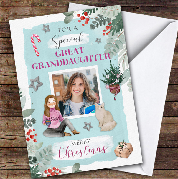 Great Granddaughter Christmas Girl Fluffy Cat Photo Personalised Christmas Card