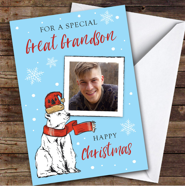 Special Great Grandson Polar Bear Blue Happy Photo Personalised Christmas Card