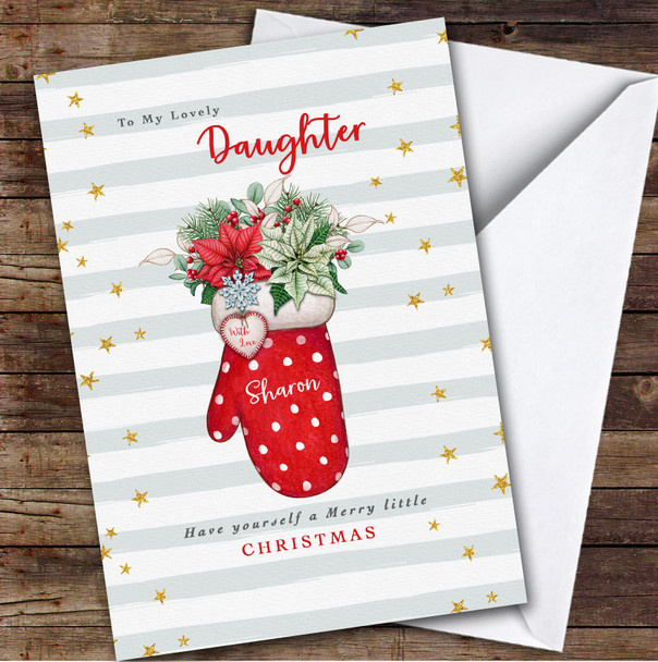 Daughter Watercolour Mitten Poinsettia Pine Branches Personalised Christmas Card