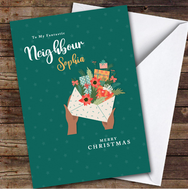 Fantastic Neighbour Envelope Flowers Presents Stars Personalised Christmas Card