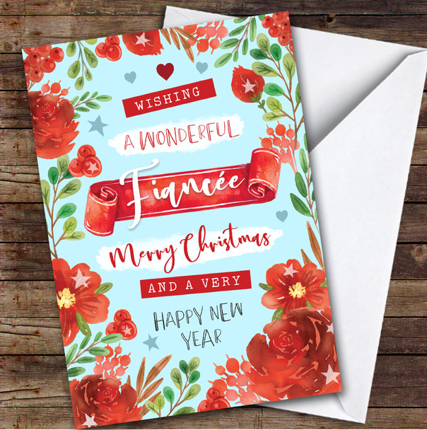 Fiancée Christmas Red Flowers Banner Romantic Blue Personalised Christmas Card