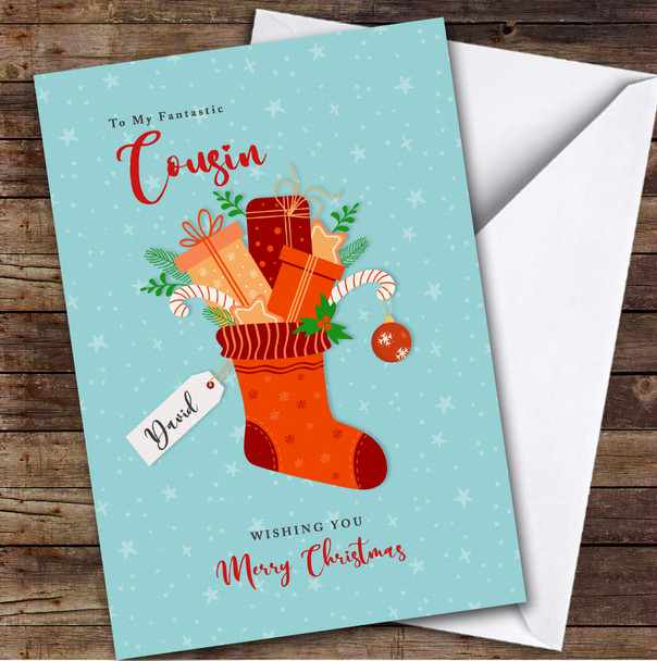 Cousin Merry Christmas Stocking Sock With Presents Personalised Christmas Card