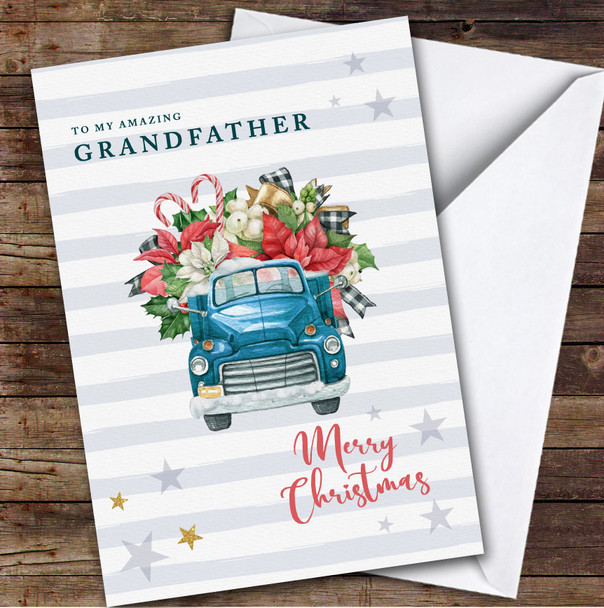 Grandfather Blue Truck Poinsettia Flower Bouquet Personalised Christmas Card