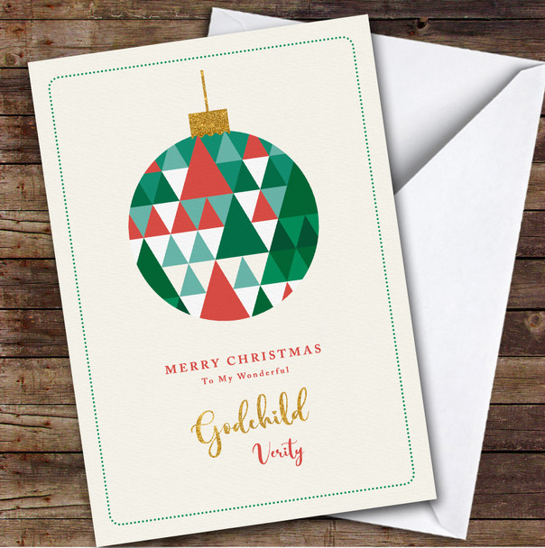 Wonderful Godchild Christmas Ball Green Red Gold Personalised Christmas Card