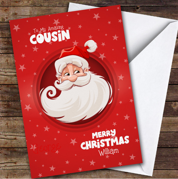 Cousin Christmas Red Background Star Santa Claus Personalised Christmas Card