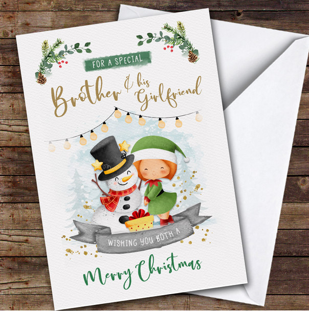 Brother & His Girlfriend Elf Snowman Couple Personalised Christmas Card