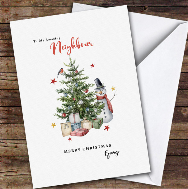 Neighbour Watercolour Tree Snowman Personalised Christmas Card