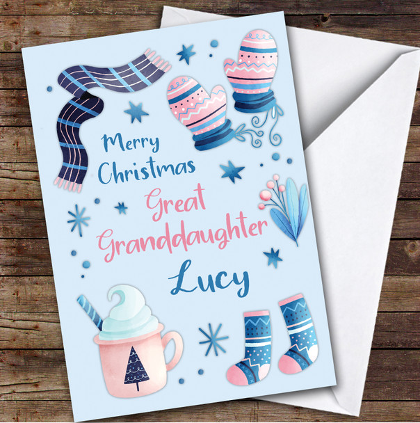 Great Granddaughter Pink Blue Girly Cosy Scarf Personalised Christmas Card