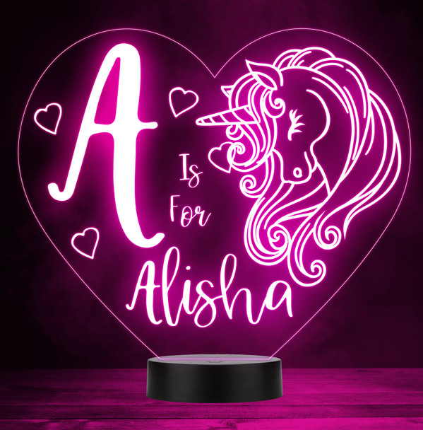 Unicorn Heart Any Initial Personalised Gift Colour Changing LED Lamp Night Light