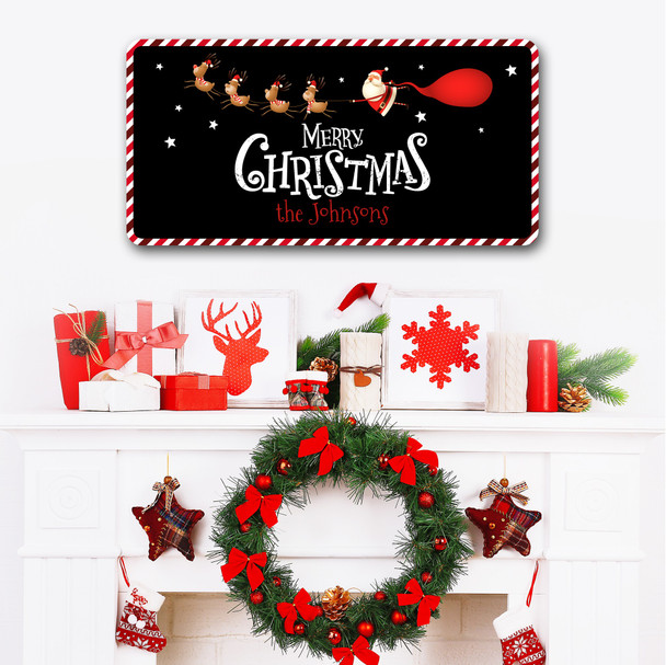 Black Reindeer Pulling Santa Claus Family Name Christmas Home Personalised Sign