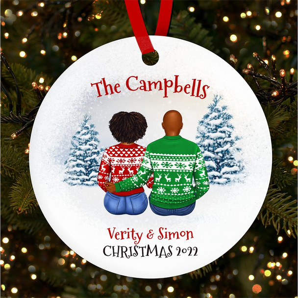 Family Name Dark Skin Couple Personalised Christmas Tree Ornament Decoration