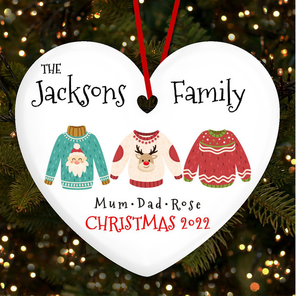 Family Names Jumpers Heart Personalised Christmas Tree Ornament Decoration
